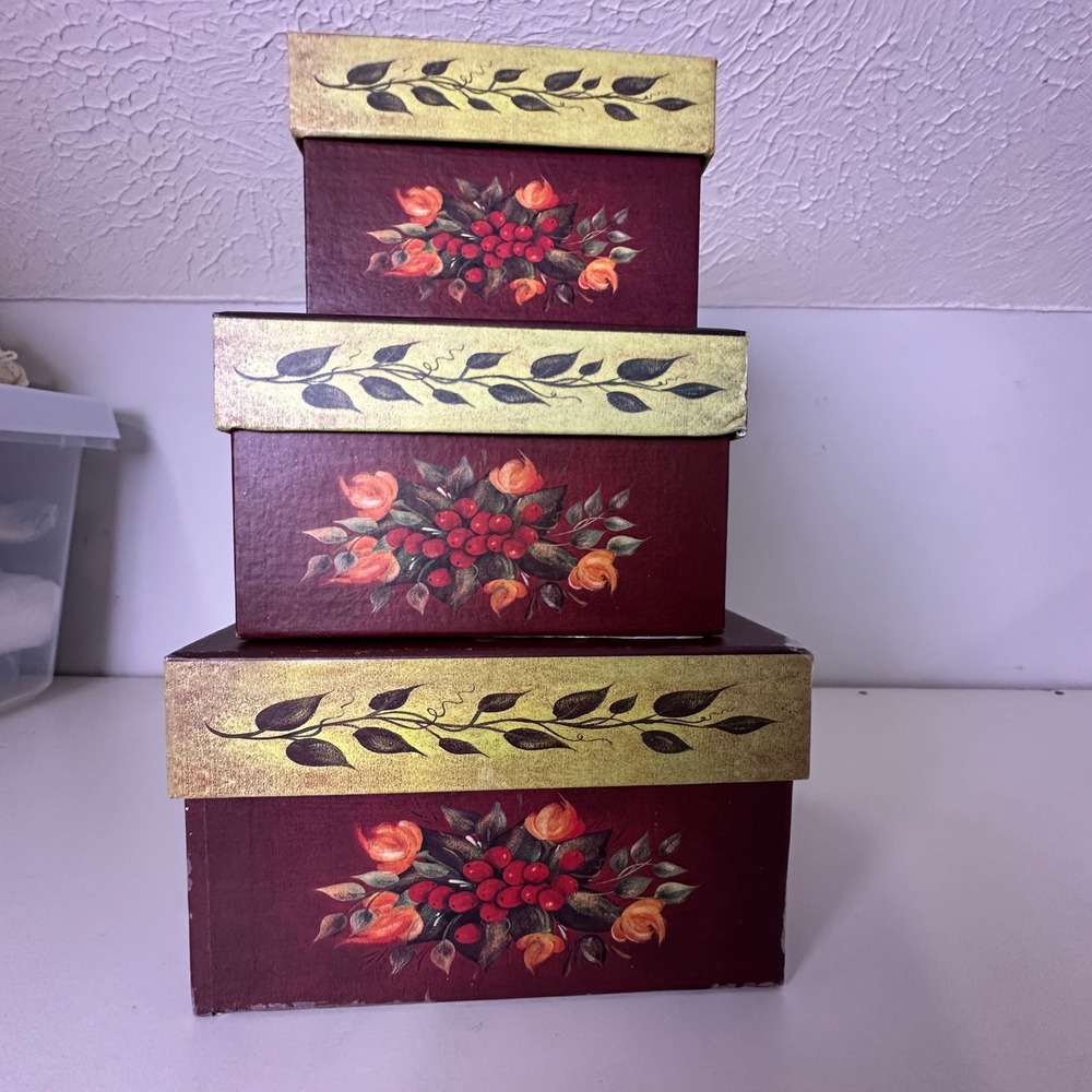 Vintage‎ Style Nesting Gift Boxes Set of 3 Burgundy Floral Berry Folk Art Decor
